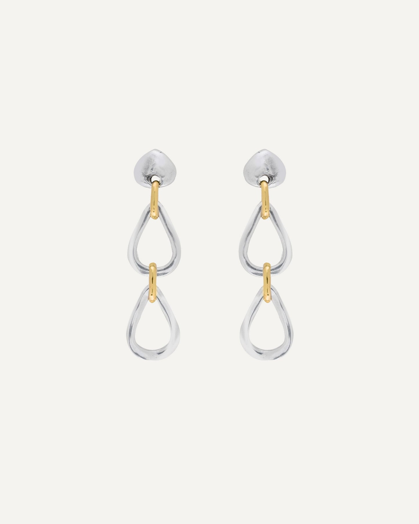 Long link earrings with teardrop-shaped links in mixed 24k gold and sterling silver. Vidda Jewelry product photo