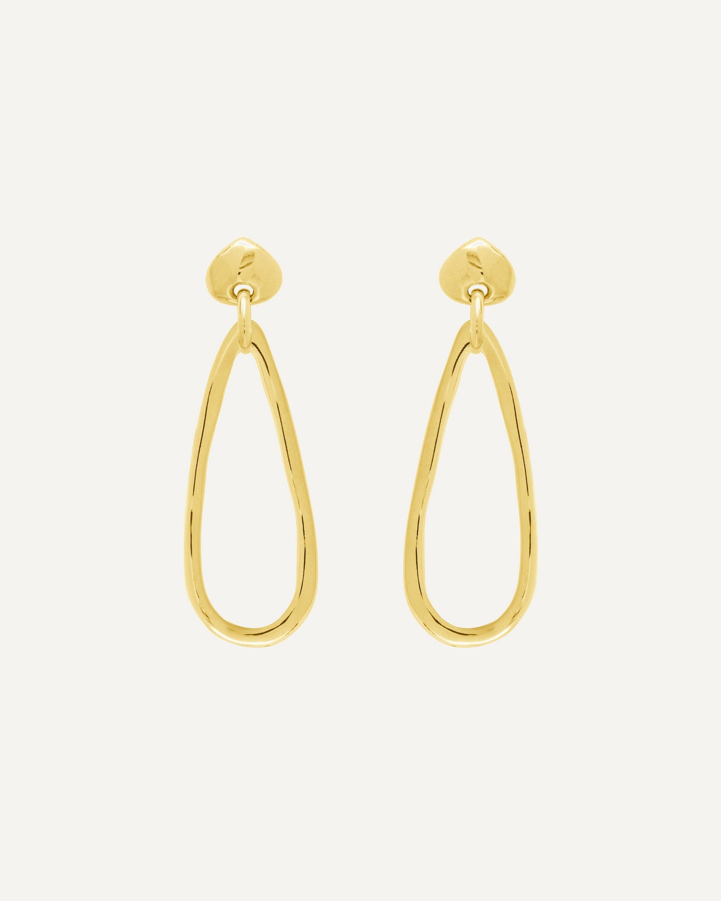 Close-up of 24k gold-plated teardrop link earrings. Vidda Jewelry product photo.